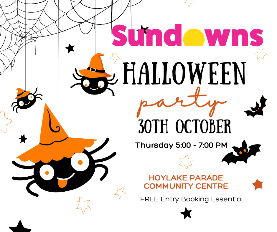 Poster for Sundowns' Halloween Party on 30th October, Thursday from 5:00 PM to 7:00 PM at Hoylake Parade Community Centre. Free entry, booking essential. Features cute Halloween-themed graphics like spiders, bats, and stars.